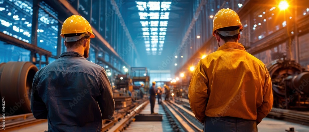 Two workers in safety helmets observe activity in an industrial setting, showcasing a bustling factory environment with machinery and tracks. Two workers in safety helmets observe activity in an industrial setting, showcasing a bustling factory environment with machinery and tracks.