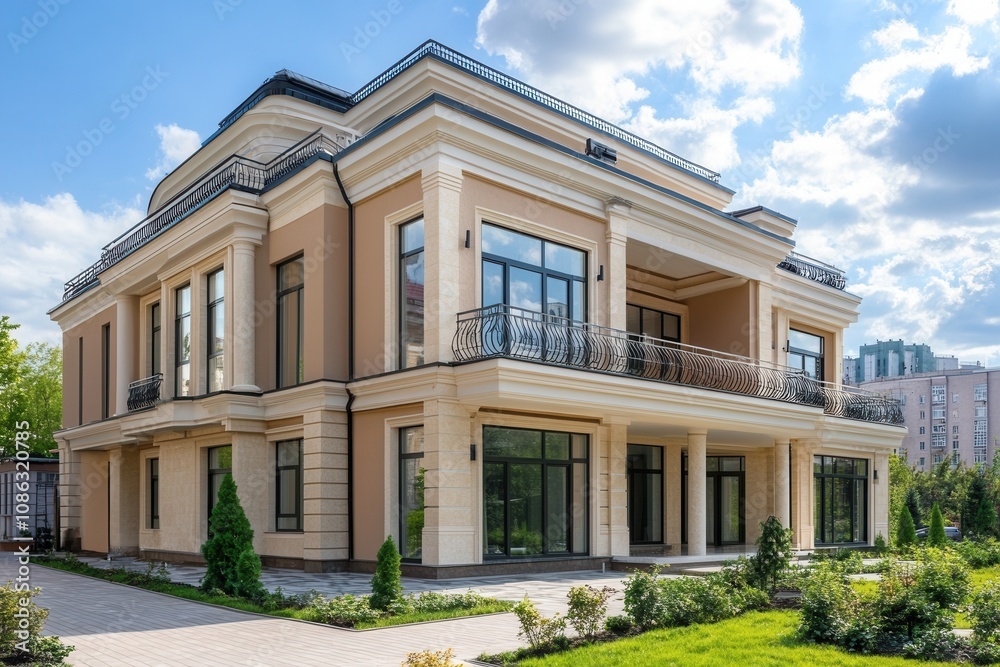 Modern mansion with a large front yard and patio. Modern mansion with a large front yard and patio.