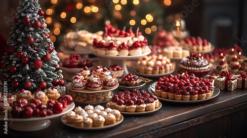 Christmas-themed dessert table with intricate holiday treats, a mini decorated tree, and warm, ambient lighting against a dark wood backdrop