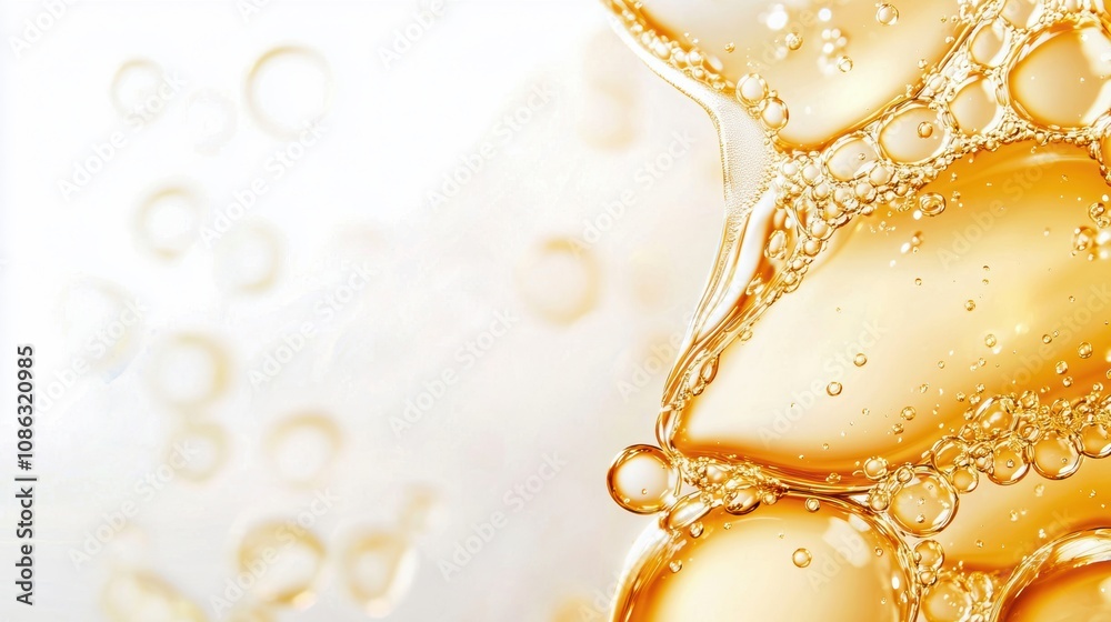 A close-up view of golden liquid bubbles, showcasing a textured surface with a bright, light background, creating an intriguing visual effect.