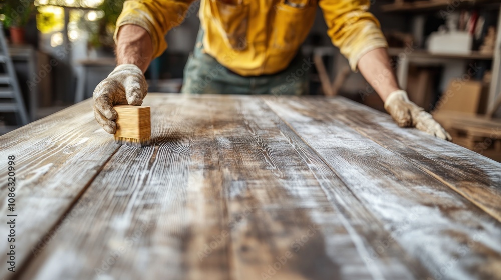A craftsman smoothing a wooden surface with a block, showcasing woodworking skills. A craftsman smoothing a wooden surface with a block, showcasing woodworking skills.