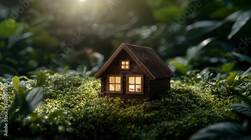 A whimsical miniature house nestled in lush greenery, illuminated by warm light, creating a magical and enchanting atmosphere.