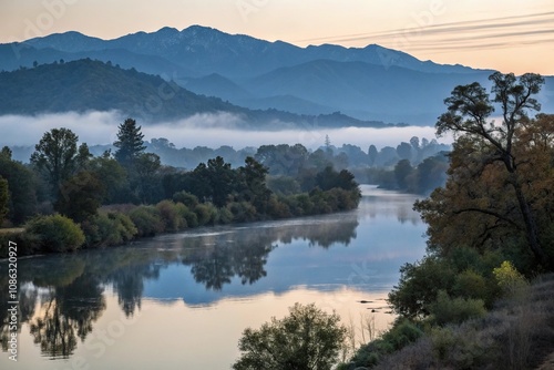 Reflective Sacramento River with misty mountains in the background, foggy, reflective, landscape, serene atmosphere