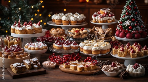 Christmas-themed dessert table with intricate holiday treats, a mini decorated tree, and warm, ambient lighting against a dark wood backdrop