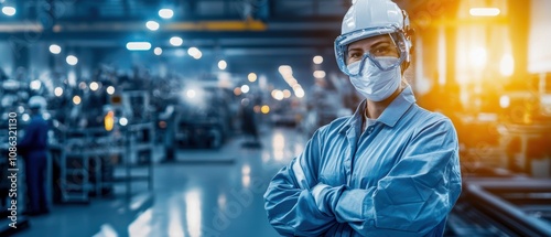 A factory worker in protective gear stands confidently in an industrial setting, highlighting safety and professionalism in a manufacturing environment.