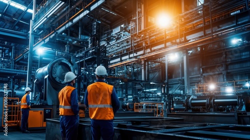 A busy industrial facility featuring workers in safety gear, operating machinery under bright lighting, highlighting a dynamic manufacturing environment.