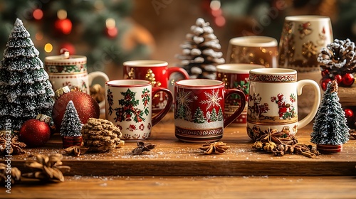 Christmas-themed coffee corner with festive mugs, mini Christmas trees, and holiday spices set up on a wooden countertop