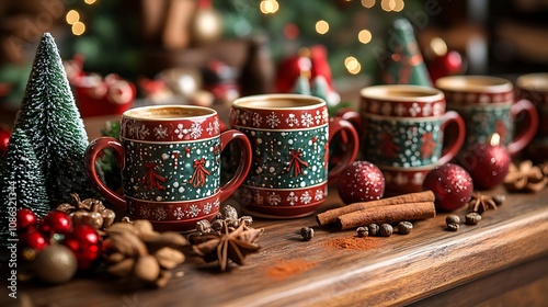 Christmas-themed coffee corner with festive mugs, mini Christmas trees, and holiday spices set up on a wooden countertop