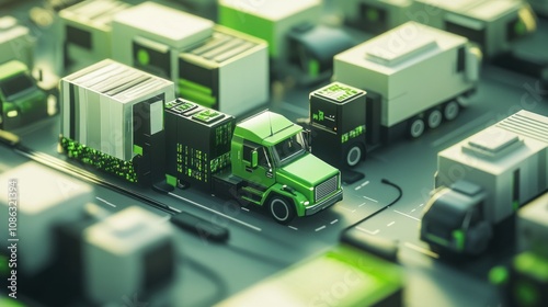 A vibrant scene of green trucks in a busy industrial area, emphasizing eco-friendly transport.