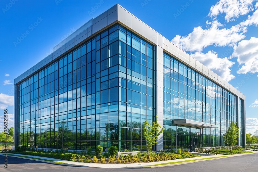 Modern office building with glass facade and blue sky. Modern office building with glass facade and blue sky.