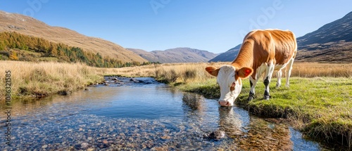 A serene landscape featuring a cow drinking from a clear stream, surrounded by lush green grass and mountains under a bright blue sky.