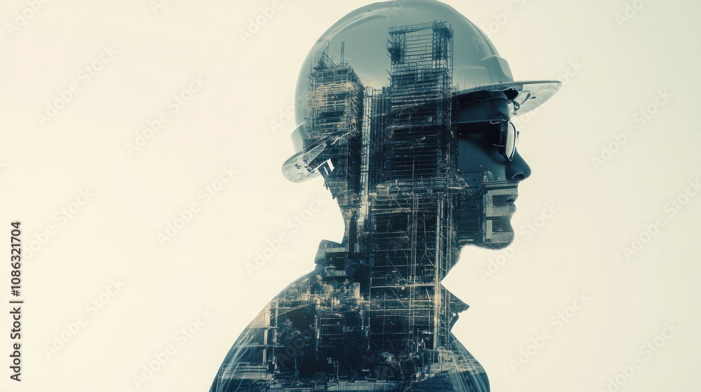 A silhouette of a worker with a double exposure of industrial structures. A silhouette of a worker with a double exposure of industrial structures.