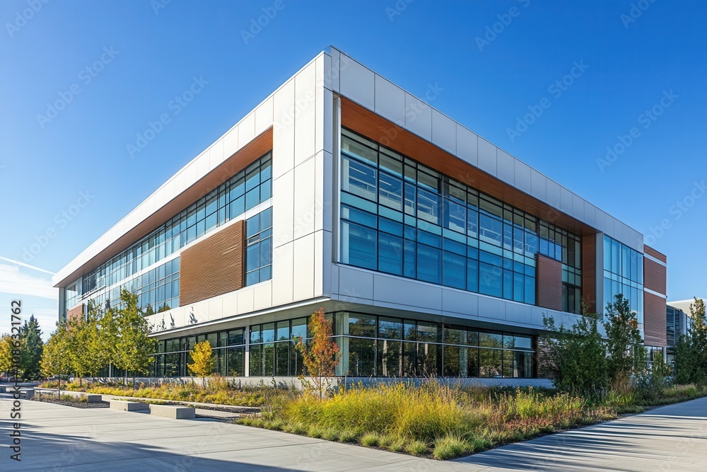 Modern office building with glass facade and landscaped grounds. (2)