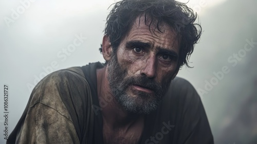 Portrait of a Weary Homeless Man with Scruffy Beard in Worn Clothing Against Foggy Background