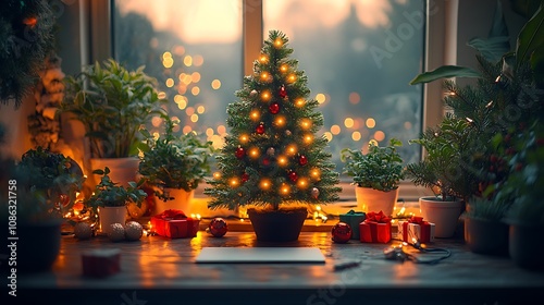 Christmas home office setup with a mini Christmas tree, holiday lights, and small decorations to bring holiday cheer to the workspace