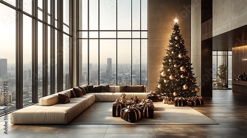 Christmas living room with large floor-to-ceiling windows, a sleek, modern tree decorated in a monochromatic palette, and futuristic ornaments paired with luxurious, velvet-wrapped presents