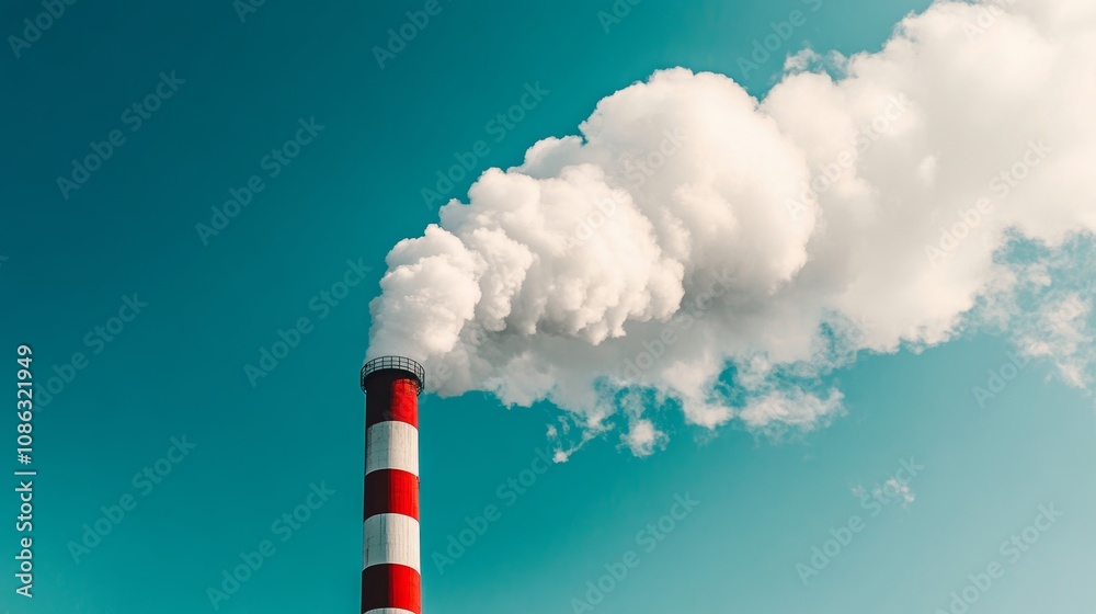 A tall smokestack with red and white stripes releases heavy, dark gray smoke into a clear blue sky, creating a striking contrast between industry and nature. A tall smokestack with red and white stripes releases heavy, dark gray smoke into a clear blue sky, creating a striking contrast between industry and nature.