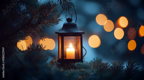 Cozy candle lantern amidst winter pine branches.Christmas holiday background