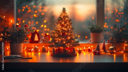 Christmas home office setup with a mini Christmas tree, holiday lights, and small decorations to bring holiday cheer to the workspace