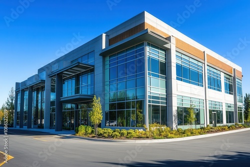 Wallpaper Mural Modern office building with glass facade and landscaping. (9) Torontodigital.ca