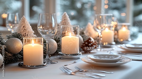 Christmas dinner table setup with a snowy white theme, elegant glassware, and silver candle holders creating a winter wonderland vibe