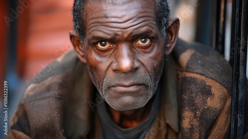 Portrait of a Homeless Elderly Man with a Worn Expression and Rugged Look in New York City, USA