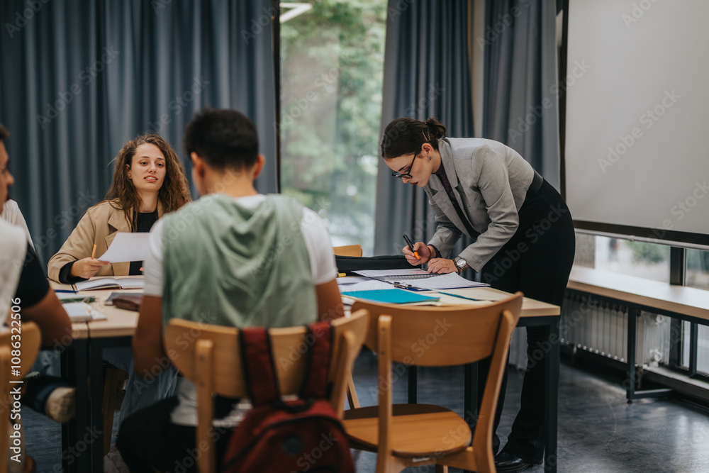 A teacher helps students in a classroom setting, fostering an interactive learning environment. The image captures the educational atmosphere and engagement among young adults in a collaborative A teacher helps students in a classroom setting, fostering an interactive learning environment. The image captures the educational atmosphere and engagement among young adults in a collaborative