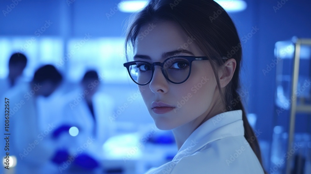 A focused scientist in a lab, surrounded by colleagues, working on experiments. A focused scientist in a lab, surrounded by colleagues, working on experiments.