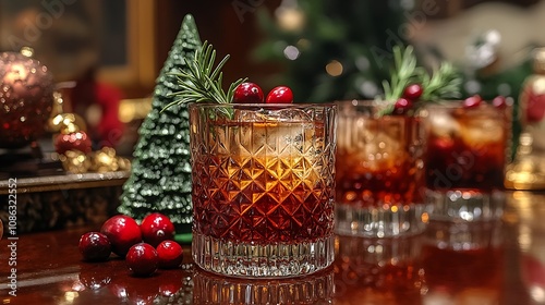 Christmas cocktail corner with holiday-themed glasses, a mini tree, and garnishes like cranberries and rosemary