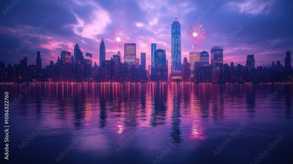 City skyline at twilight with fireworks reflecting on water.