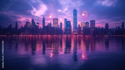City skyline at twilight with fireworks reflecting on water.