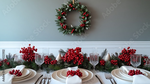 Christmas brunch table setup with fresh white linens, red berries as garnish, and a simple holiday wreath hanging above the table