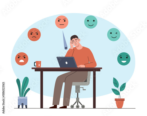 Man with emotions indicator. Young guy sits at his workplace at laptop with emotion scale. Negative tension and anxiety. Mood measurement. Flat vector illustration isolated on white background