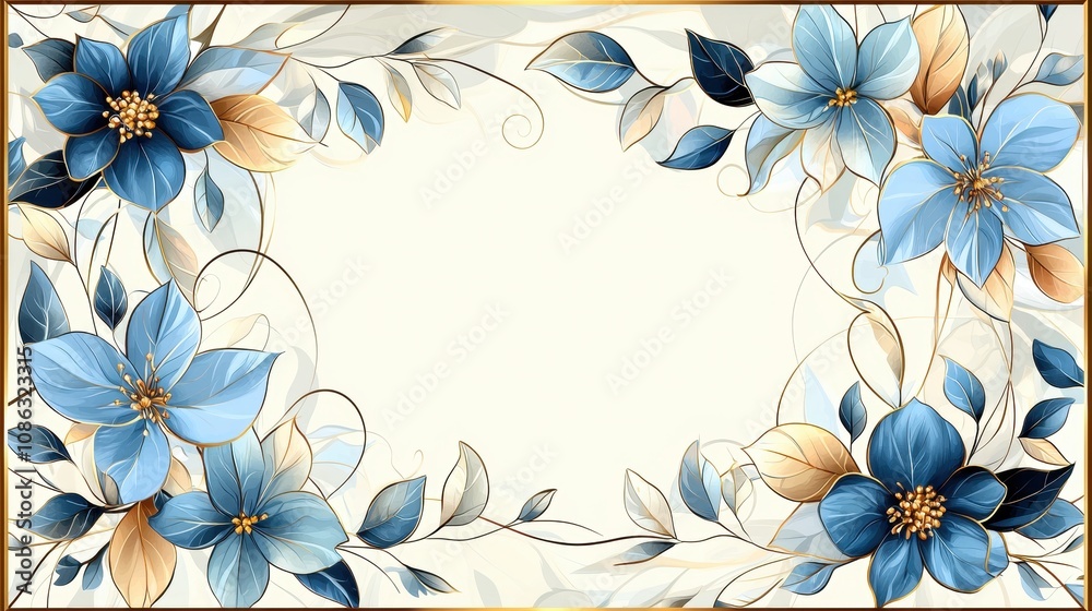 Elegant Floral Frame Design with Blue and Gold Accents, Perfect for Invitations, Greeting Cards, and Art Prints Featuring Delicate Leaves and Blossoms Elegant Floral Frame Design with Blue and Gold Accents, Perfect for Invitations, Greeting Cards, and Art Prints Featuring Delicate Leaves and Blossoms