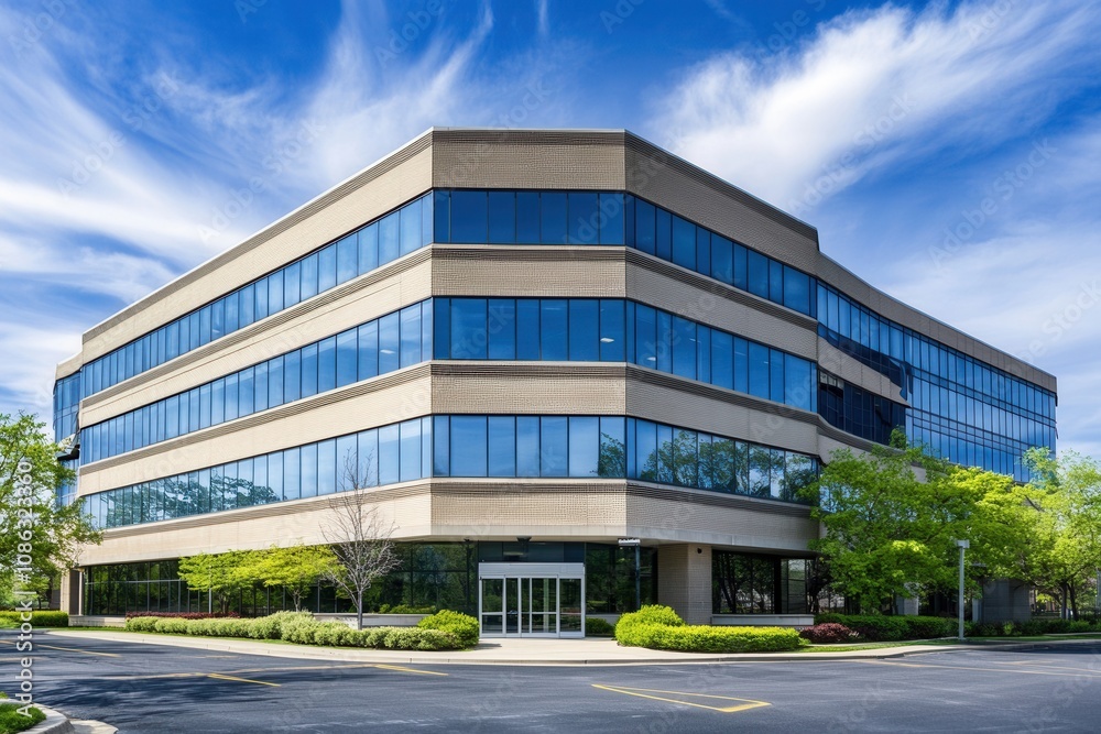 Modern office building with large windows and blue sky. Modern office building with large windows and blue sky.