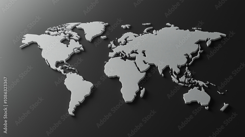 Gray 3d world map rising from dark background Gray 3d world map rising from dark background