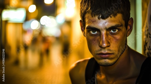 Intense Gaze of a Young Homeless Man under Street Lights in Tel Aviv, Israel