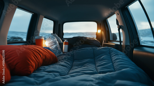 Cozy campervan interior setup for sleeping with ocean view at sunset