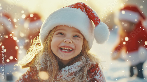 Happy child wearing santa hat playing in snow on christmas day