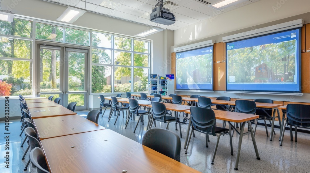 High-tech classroom with interactive smart boards High-tech classroom with interactive smart boards