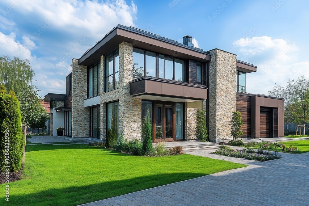 Modern stone house with large windows and a lush lawn. Modern stone house with large windows and a lush lawn.