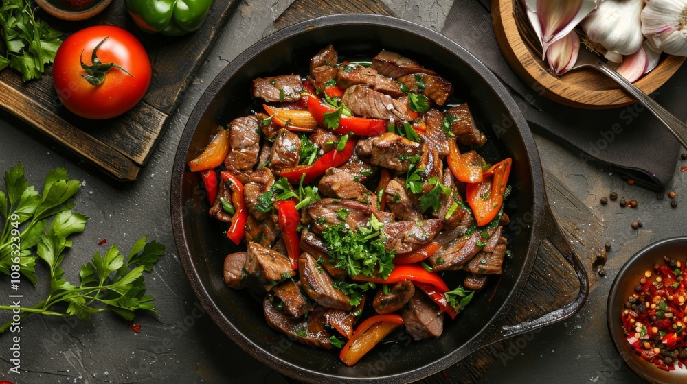 Delicious Beef Stir-Fry on a Rustic Table Delicious Beef Stir-Fry on a Rustic Table