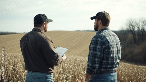 Two men discussing agriculture in a cornfield under a cloudy sky.