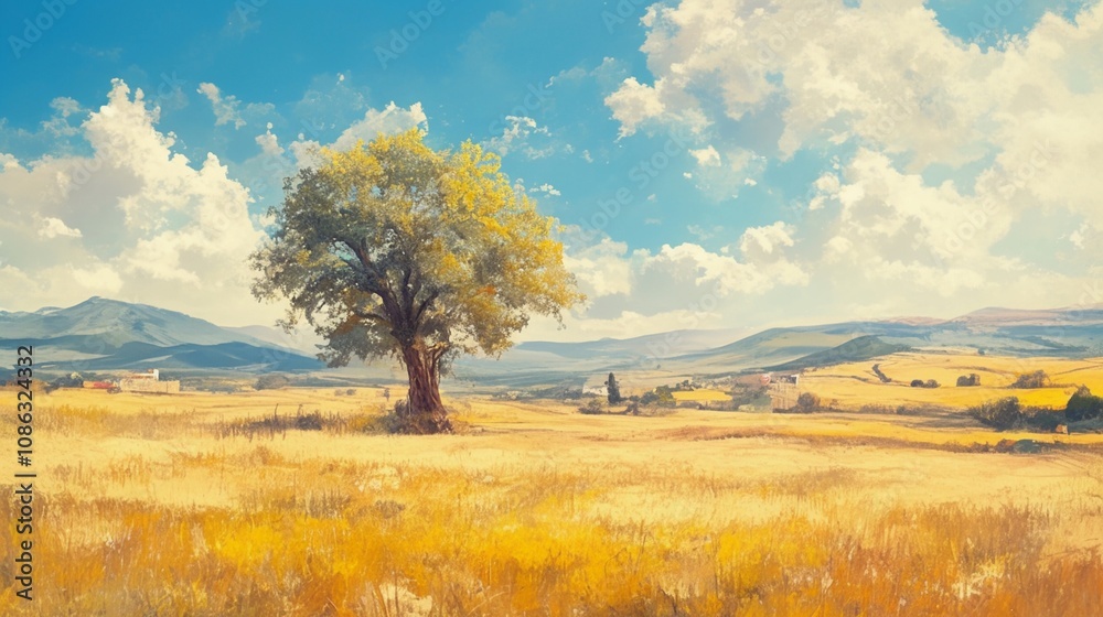 Obraz premium オリーブの木と広大な乾燥した草原の風景画9