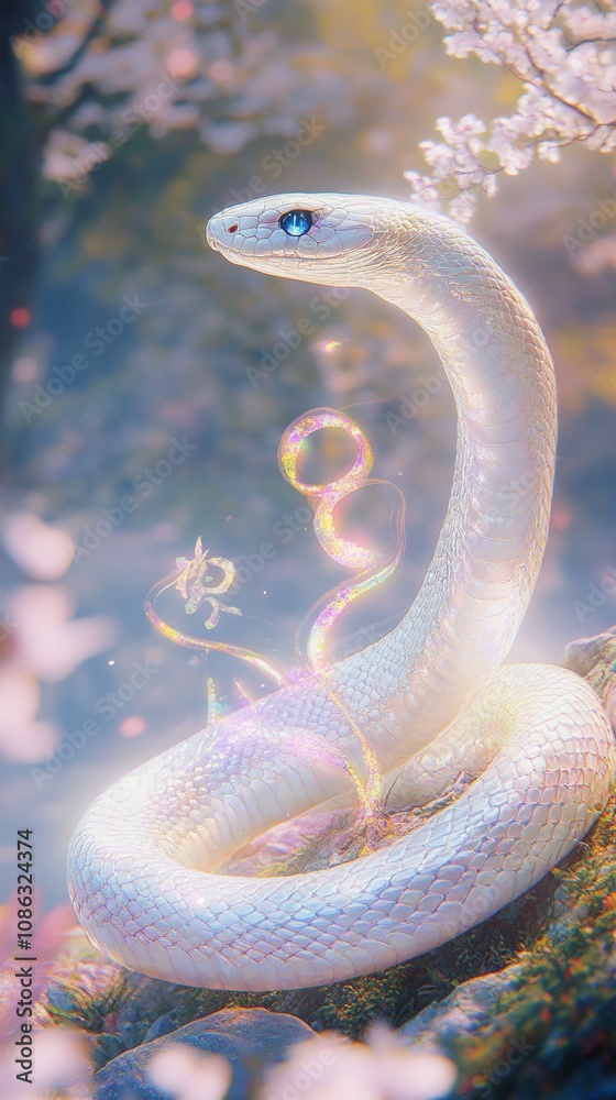Amid the tranquil surroundings of Lingyuan Lake, a mystical white snake with an ethereal glow coils around a hill. Its ultra-detailed iridescent scales shimmer, while its piercing blue eyes radiate Amid the tranquil surroundings of Lingyuan Lake, a mystical white snake with an ethereal glow coils around a hill. Its ultra-detailed iridescent scales shimmer, while its piercing blue eyes radiate