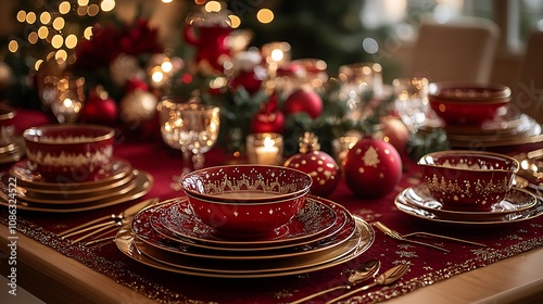 Chic holiday dining table setup with red and gold tableware, matching decor, and soft, ambient lighting