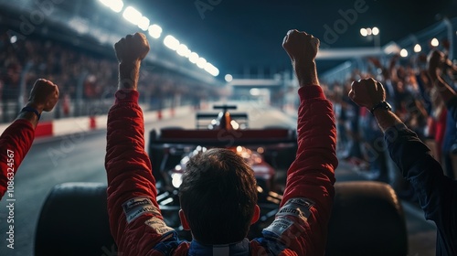 A cheering crowd celebrates a race car's victory at a nighttime motorsport event.