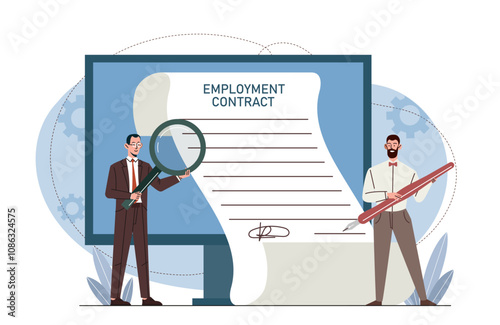 People with employment contract. Man with pen and magnifying glass signs contract on computer screen. Agreement and document. Flat vector illustration isolated on white background
