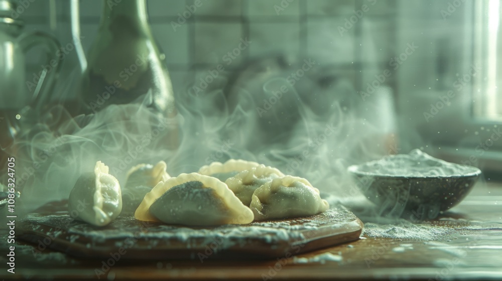 Freshly Made Pierogi on a Wooden Table with Steam Freshly Made Pierogi on a Wooden Table with Steam