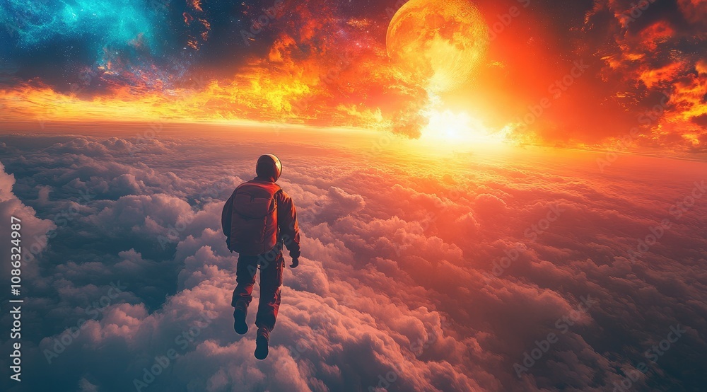 Astronaut floats above cloudscape with fiery sunset and nebula.